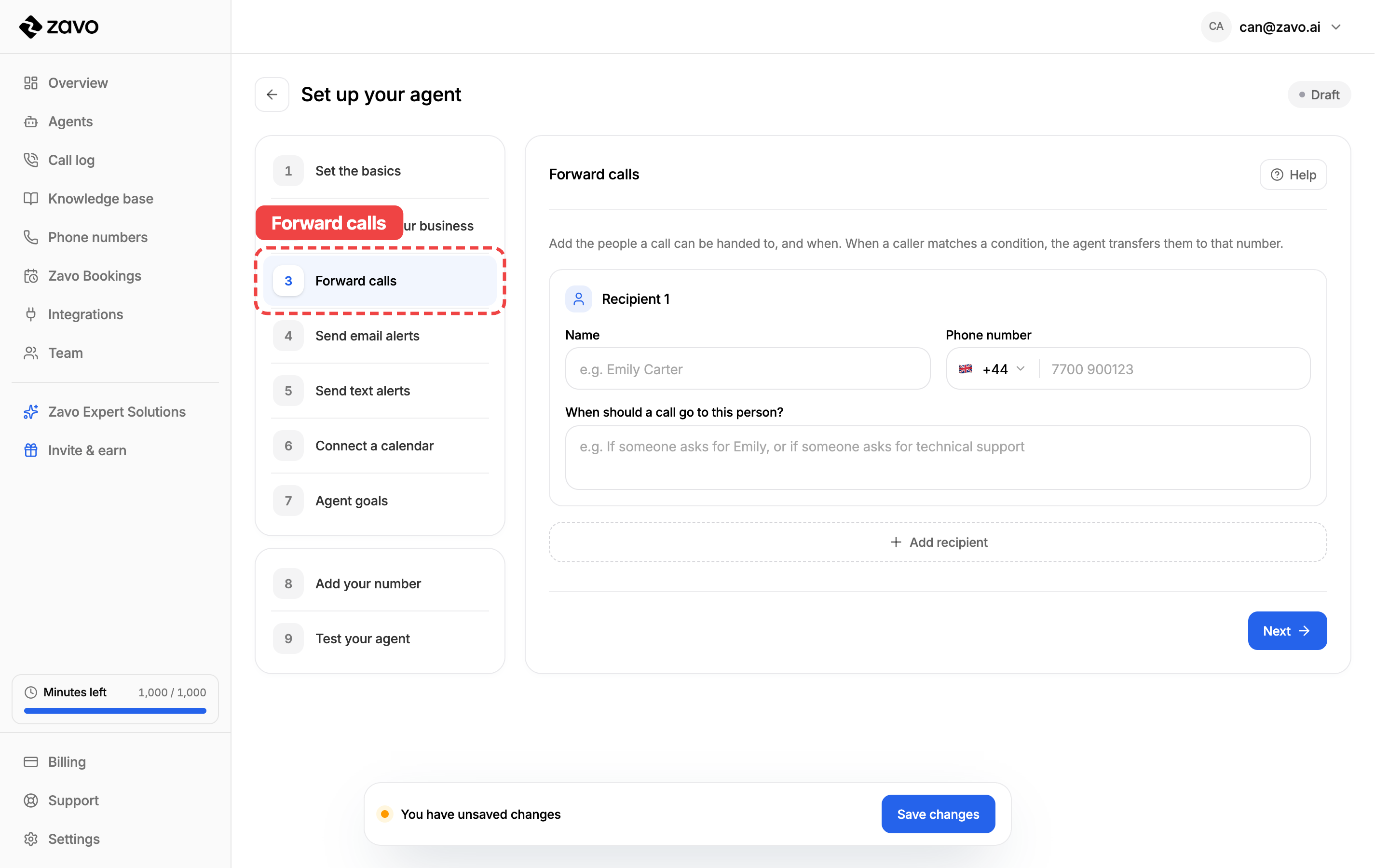 The Forward calls step in the agent setup checklist