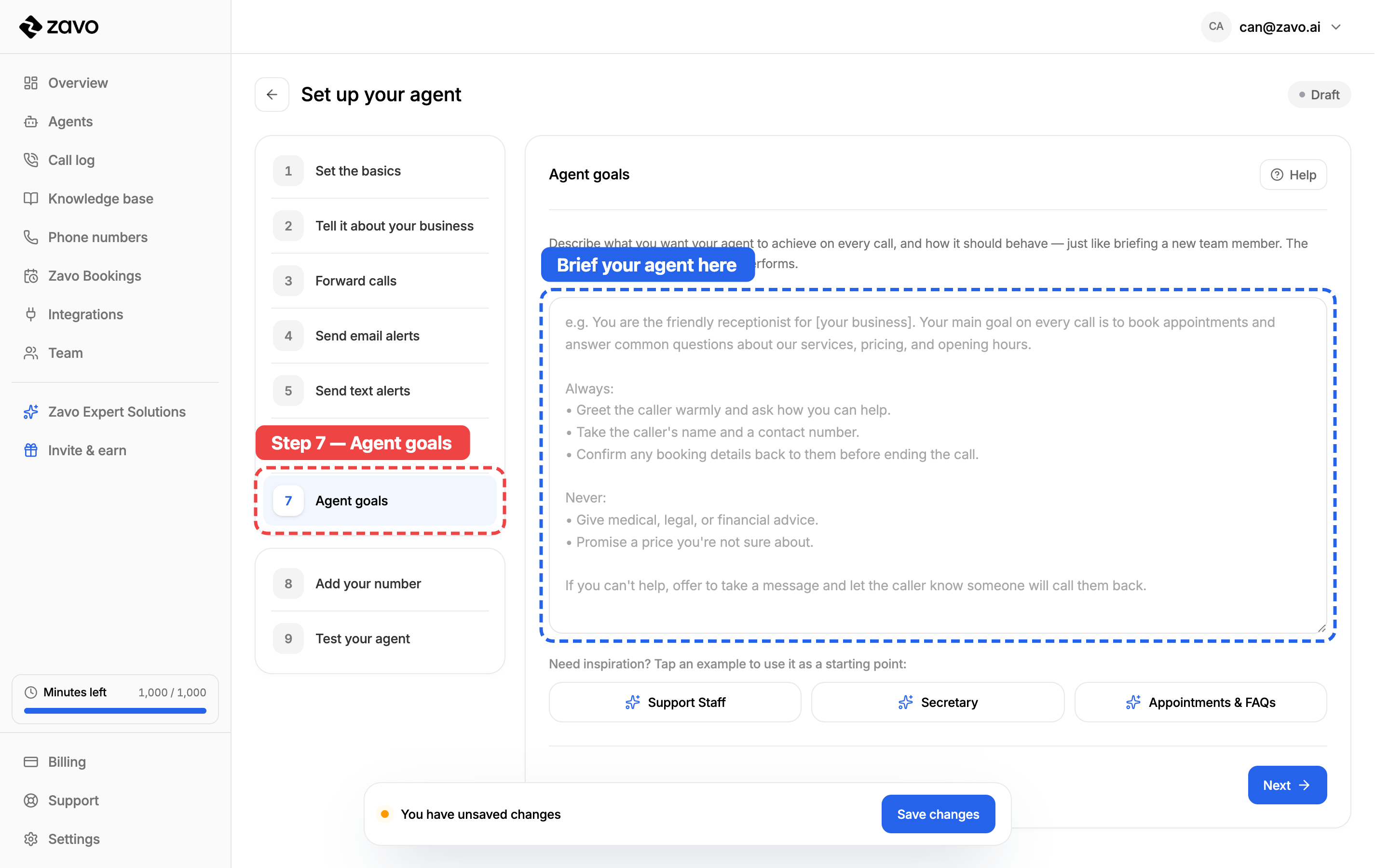 The Agent goals step open, with the instructions box ready
