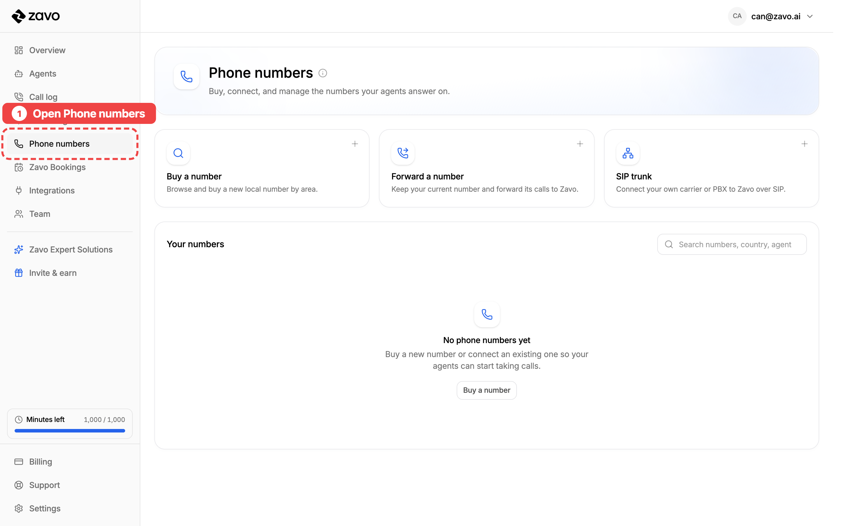 Open the Phone numbers page from the left menu