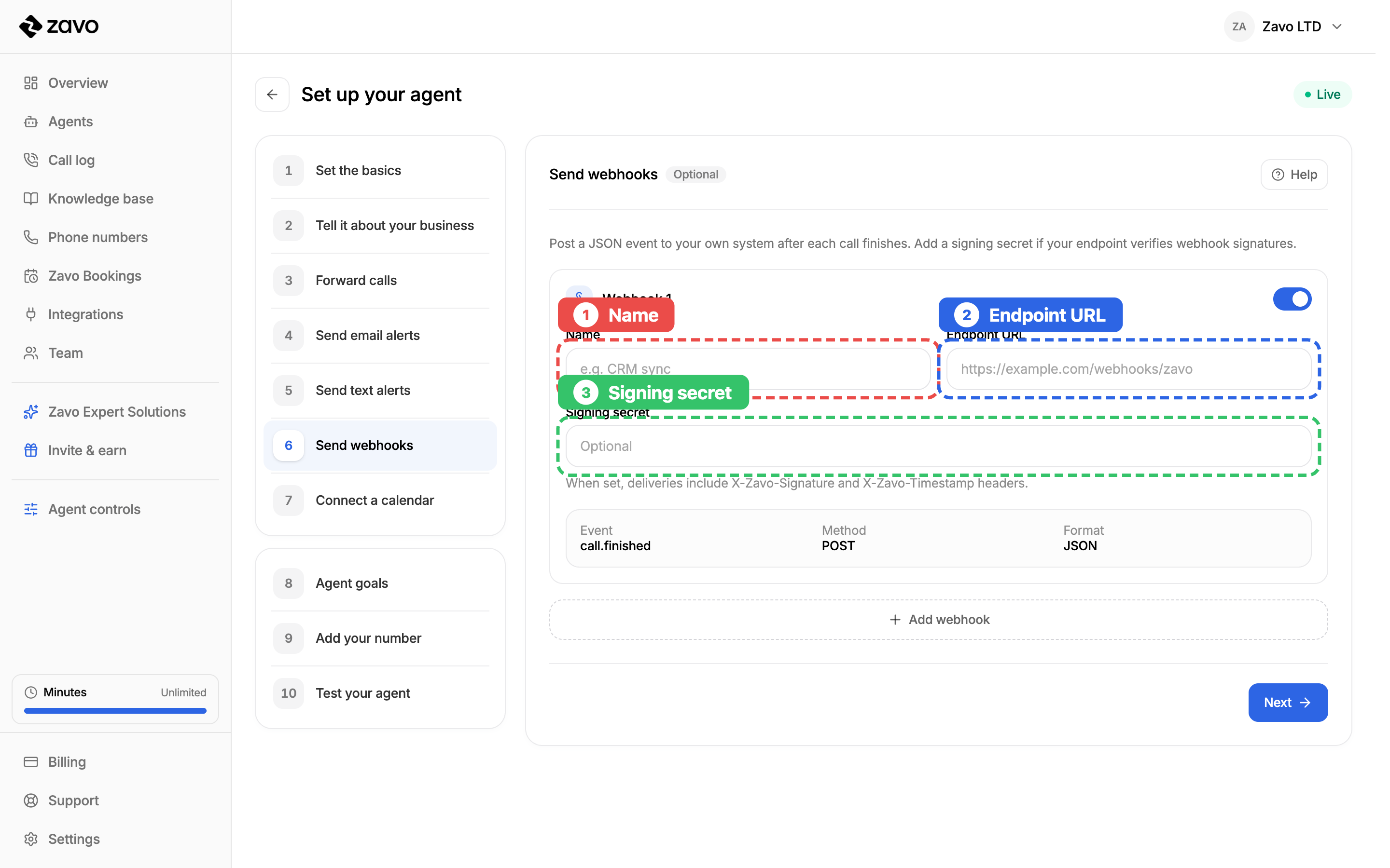 The Send webhooks step in the agent builder: give the webhook a name (1), set the HTTPS endpoint URL Zavo will POST to (2), and add an optional signing secret (3)