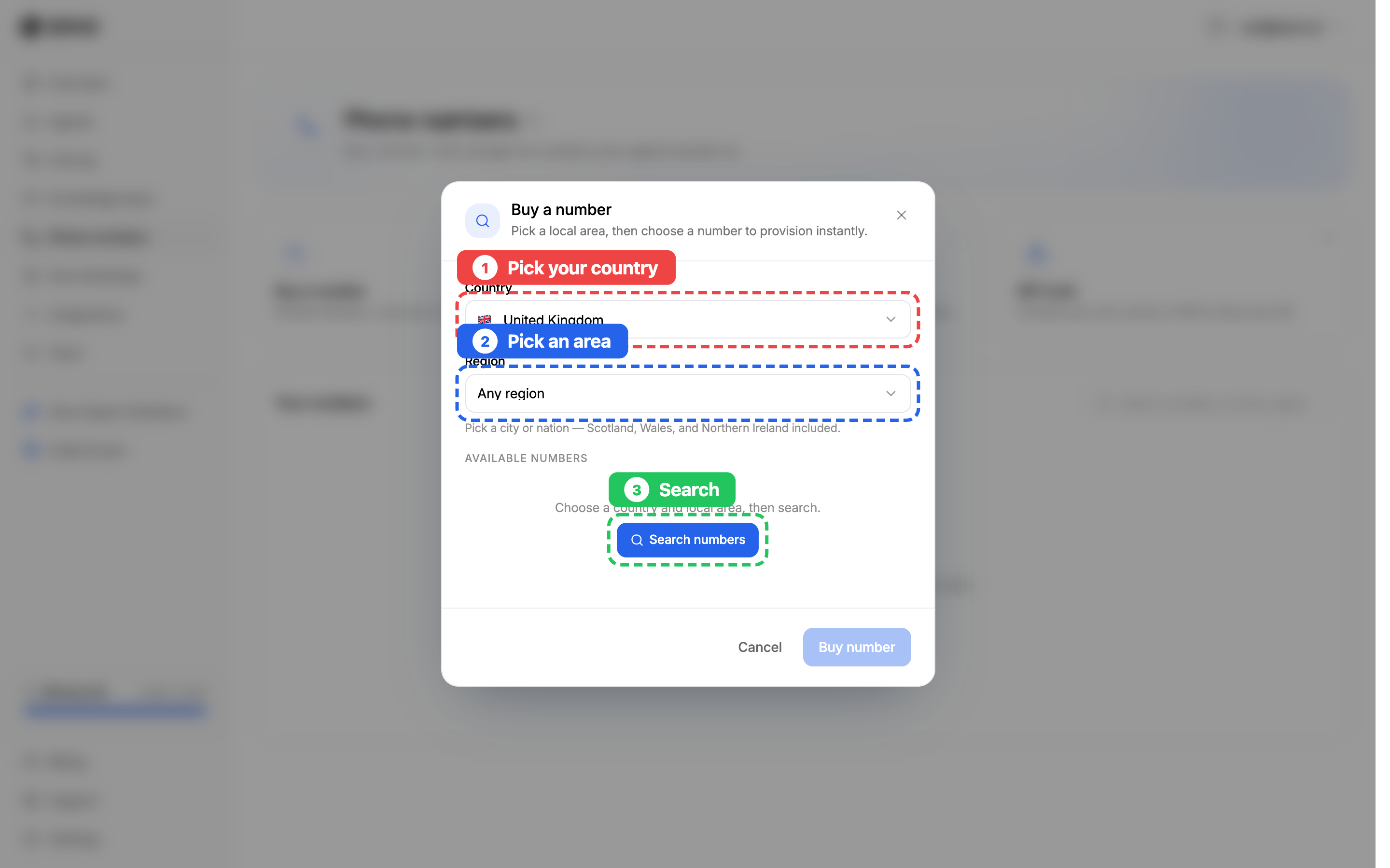 Buy a number: pick your country, pick an area, then search
