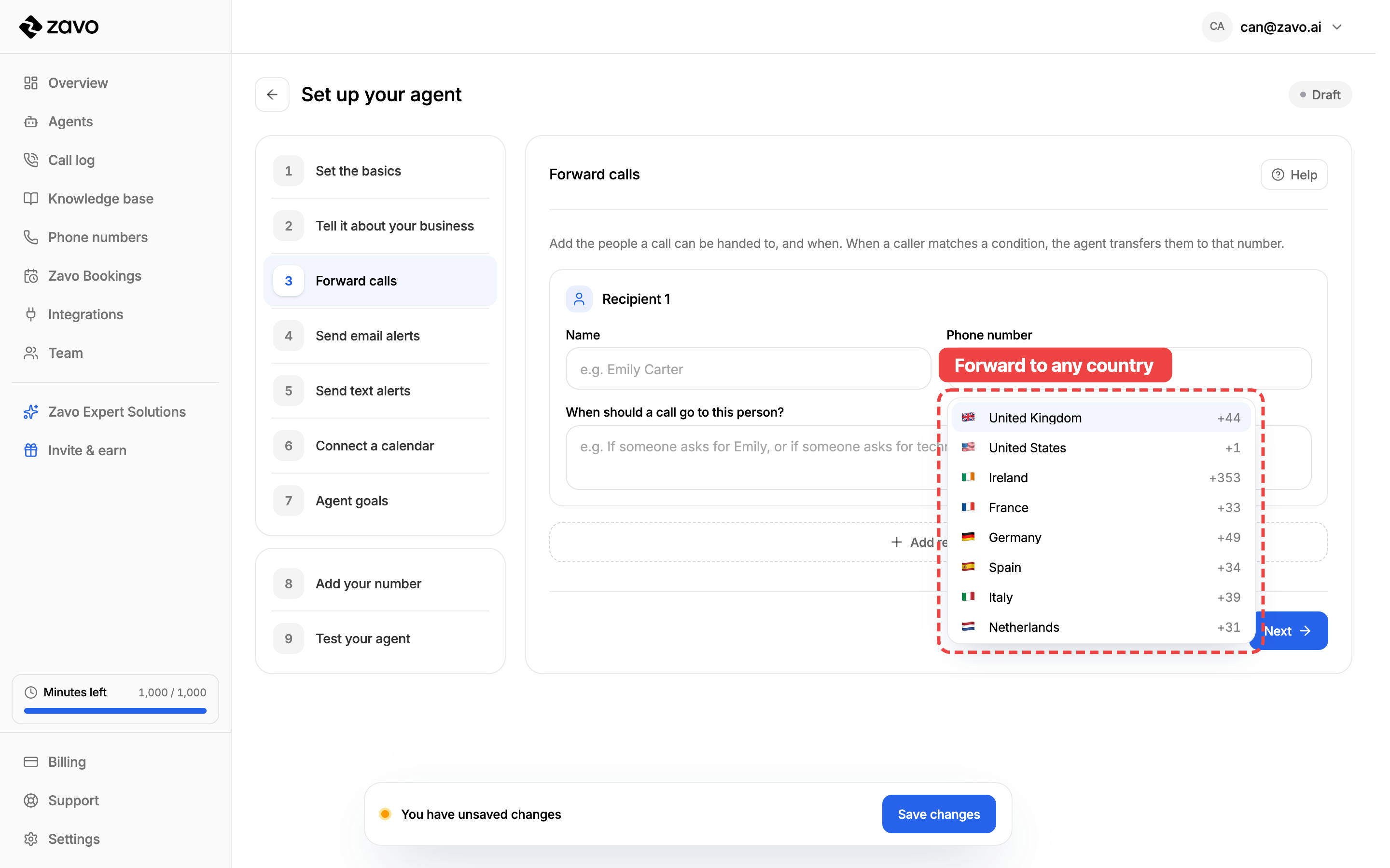 The country picker for international forwarding numbers