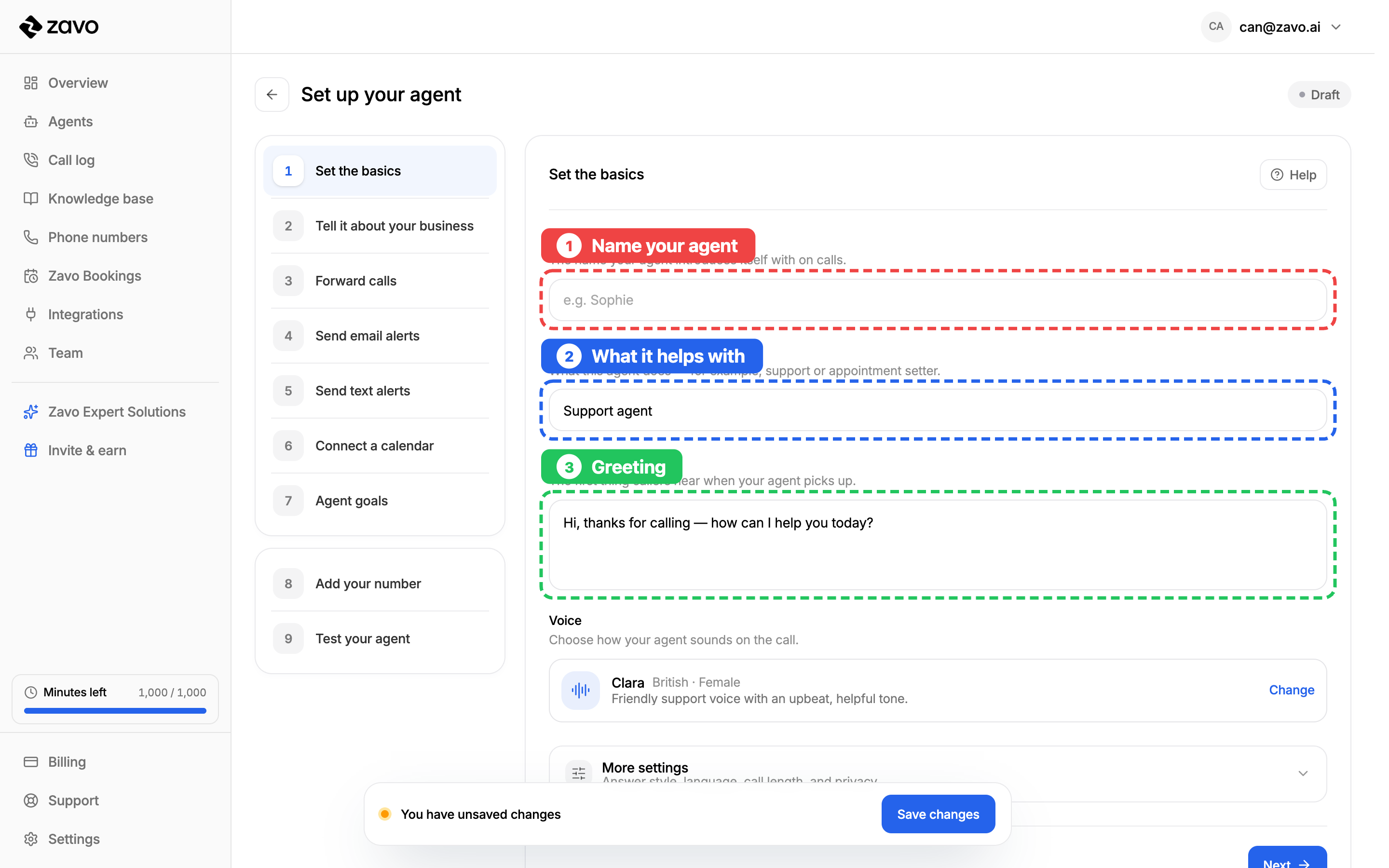 Set the basics: name your agent, what it helps with, and its greeting