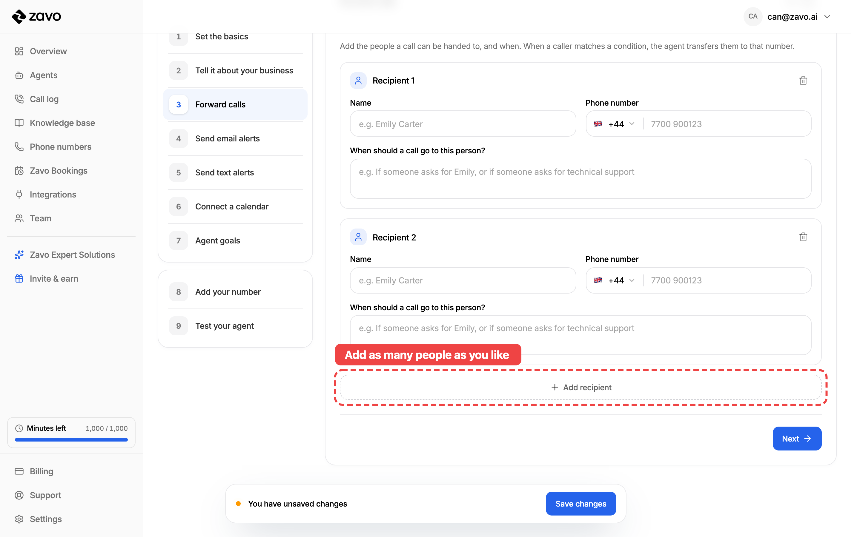 Adding a second recipient with the Add recipient button