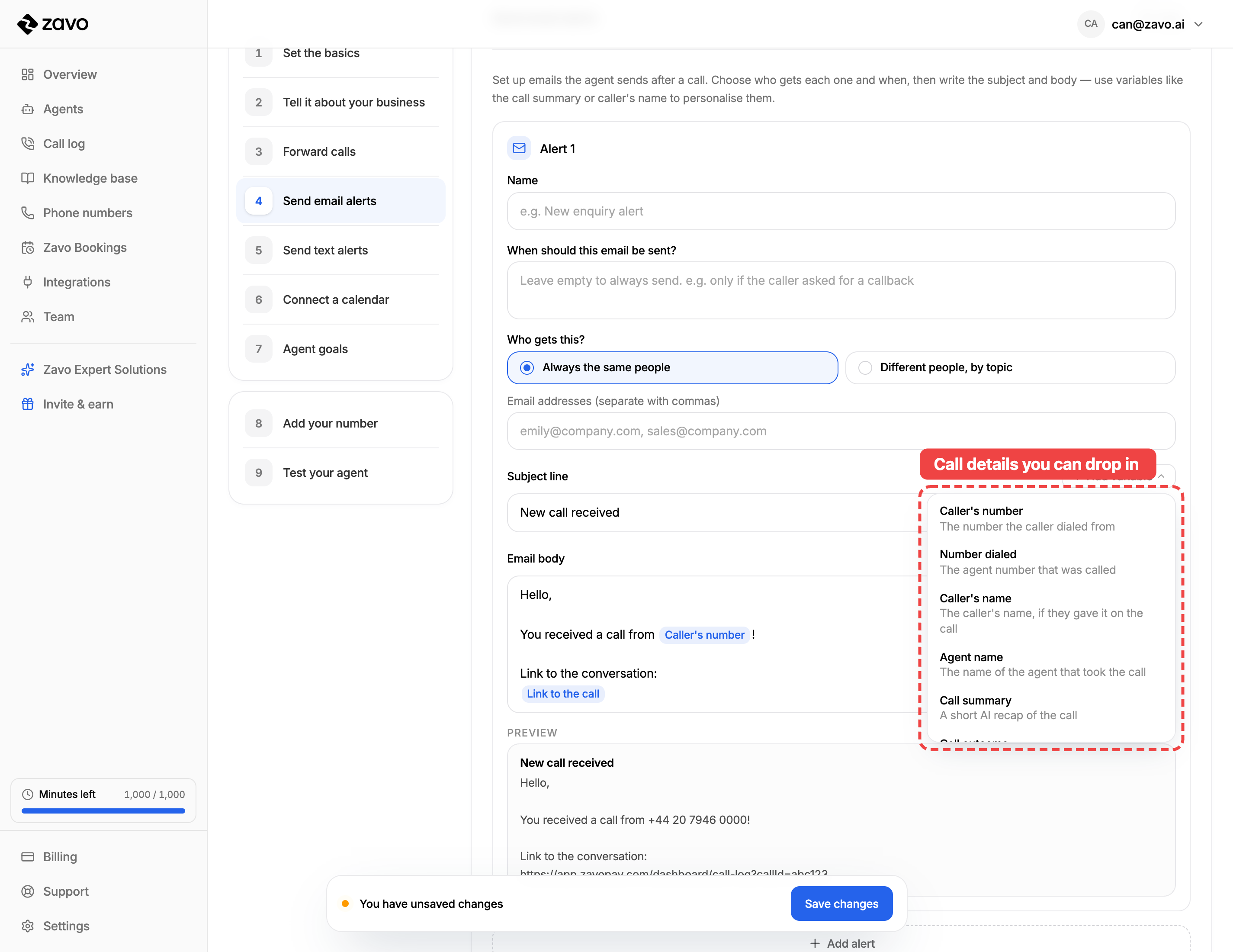 The Add variable menu listing every call detail you can insert
