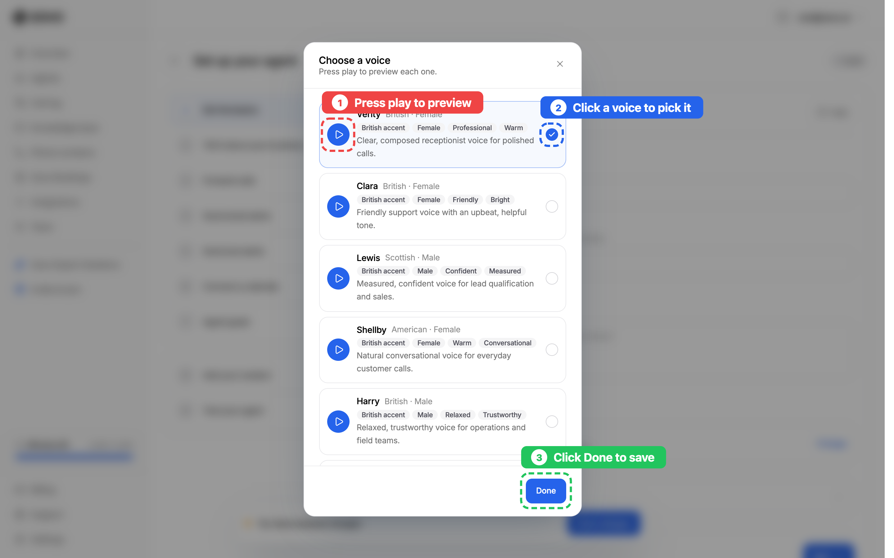 The voice picker: press play to preview, click a voice to pick it, then click Done